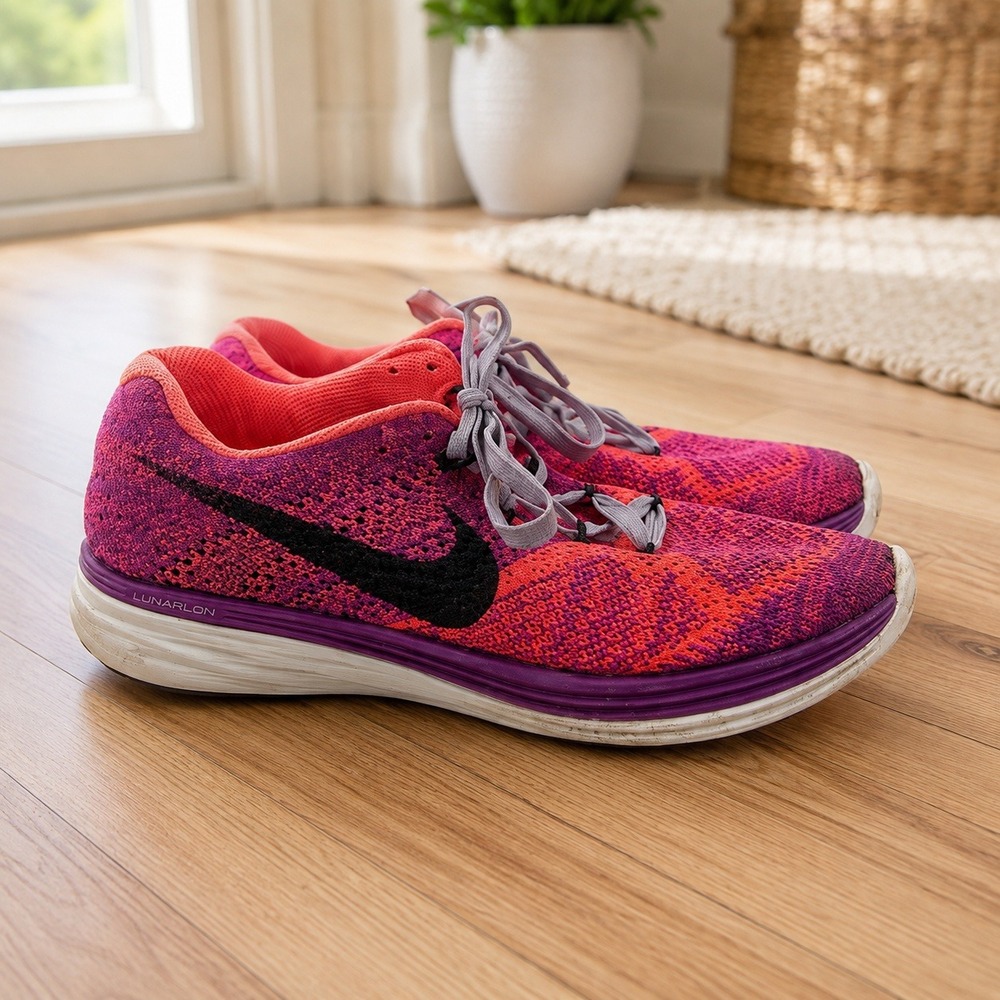 Nike Flyknit Lunar 3 Womens Running Shoes Pink Orange Purple 698182-501 Size 8